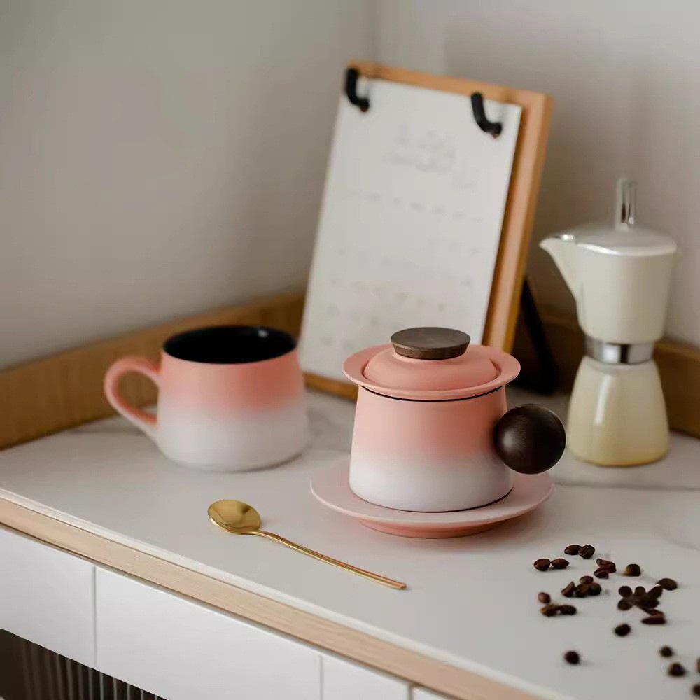 Ly cà phê trắng hồng, bộ chén và Đĩa trà chiều giá trị cao cấp dành cho nữ, ly Gốm Sứ Tinh tế cao cấp, sang trọng nhẹ nhàng