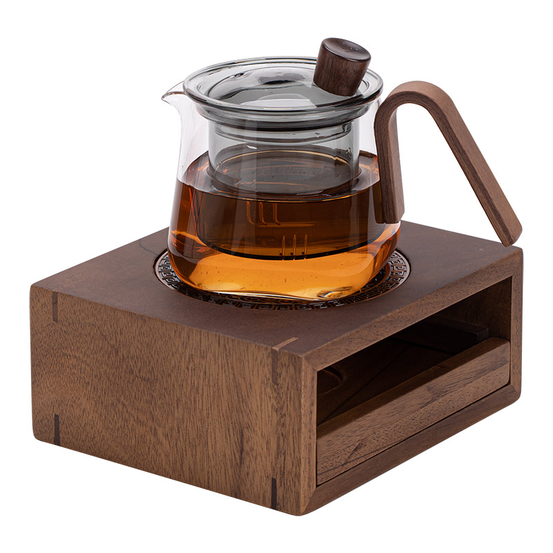 Bộ ấm trà vuông gỗ óc chó, ấm trà bên hông kính, ấm trà gia dụng, đế đun trà, trà đạo Kung Fu