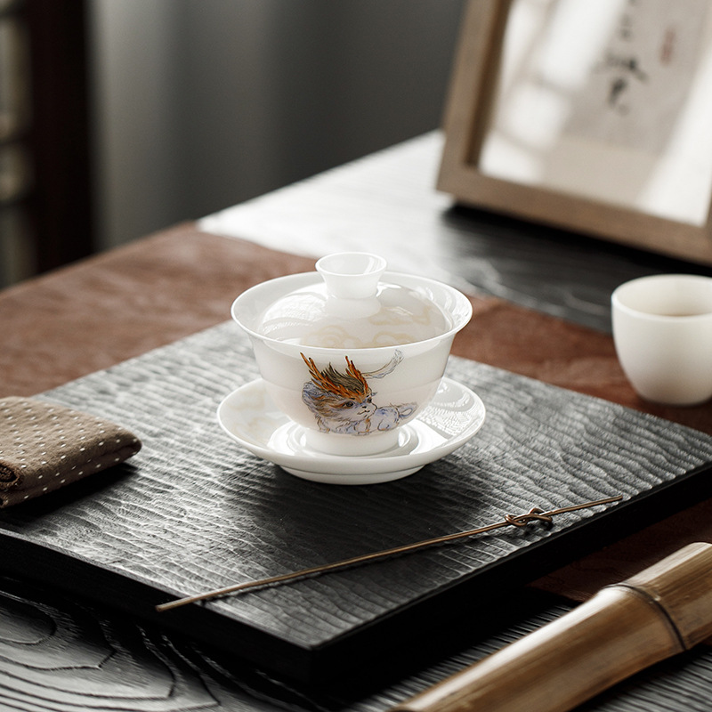 Đá loại ngọc sứ vẽ tay Sơn Hải Kinh Tam tài có nắp bát trà bát trà lớn gia dụng không nóng bát trà cốc trà