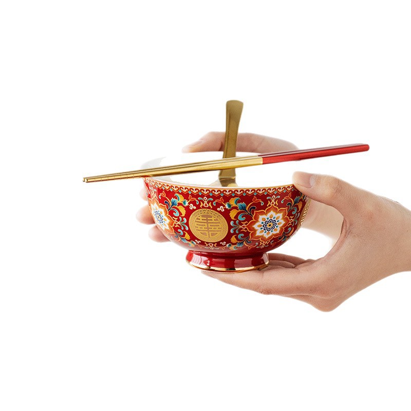 Bộ bát đĩa và đũa tân hôn tráng men Bộ trà hồi môn Trung Quốc bát có nắp màu đỏ thay đổi cốc trà hạnh phúc quà cưới