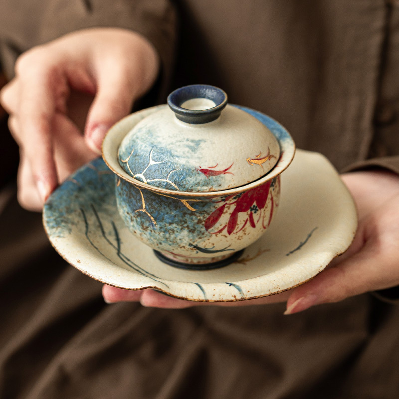 Nhà máy màu xanh và trắng đá lửa bát nắp đỏ cốc trà vàng vẽ tay hoa sen vần Koi bát trà có nắp bộ trà Kung Fu gốm sứ