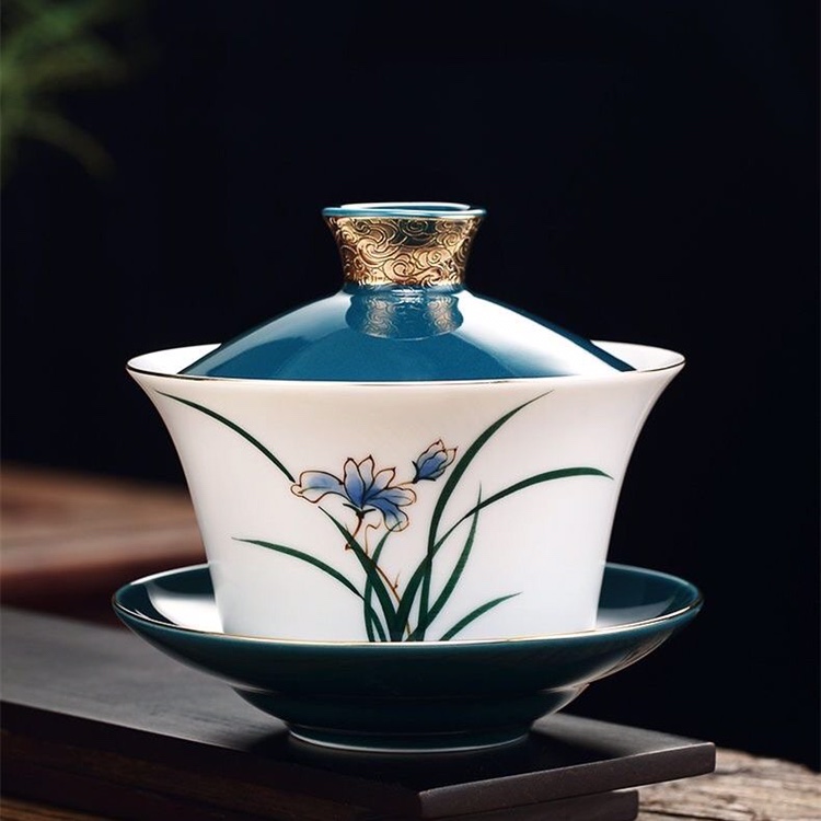 Bát trà có nắp tam tài vẽ tay, bát trà cỡ lớn, bộ trà Kung Fu sứ trắng, bát pha trà gia dụng, bát trà tám báu