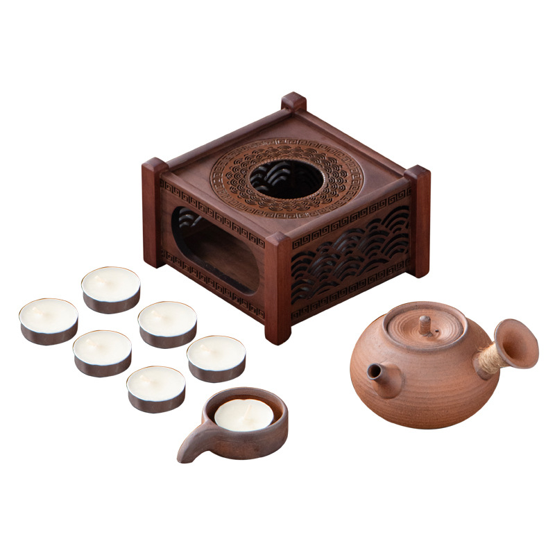 Bộ ấm trà vuông gỗ óc chó Bắc Mỹ nến đèn cồn đế ấm trà bộ trà Kung Fu tinh tế phụ kiện trà đạo