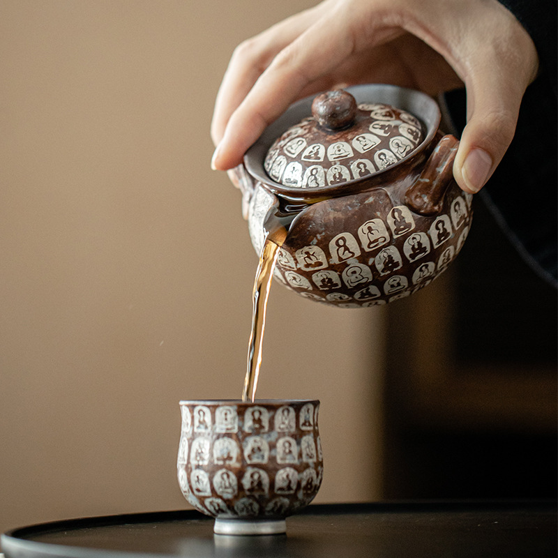 Ấm tay gốm thô bùn đá cũ Đôn Hoàng Vạn Phật mạ bạc Bảo Bình dụng cụ pha trà Kung Fu gia dụng ấm trà gốm sứ ấm đơn