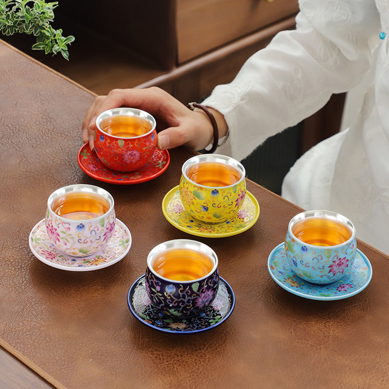 Cốc bạc có đế lót ly 999 cốc trà mạ bạc thủ công bằng bạc nguyên chất men màu Kung Fu tách trà bát trà cốc chủ nhân