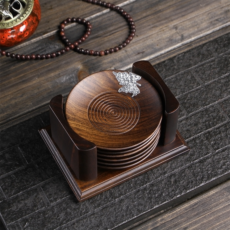 Phụ kiện bộ ấm trà gỗ solid gỗ mun có kệ đựng cốc đựng cốc trà thiếc nguyên chất kiểu Trung Quốc cỡ lớn bộ lót cốc trà đạo Kung Fu
