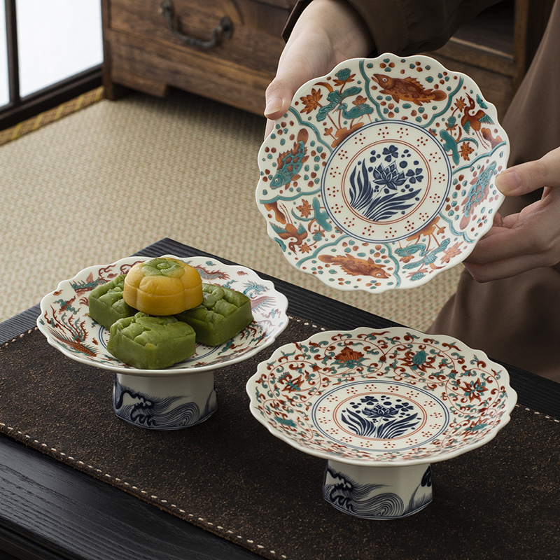 Đĩa trái cây chân cao gốm tráng men kiểu Trung Quốc mới, đĩa ăn nhẹ, đĩa trái cây, bàn trà phòng khách, đĩa ăn nhẹ gia dụng