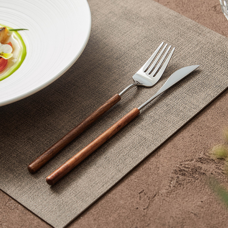 Bộ đồ ăn phương Tây tay cầm bằng gỗ hoa lê, dao, nĩa và thìa ba miếng, inox 304 thương mại, thìa tráng miệng bít tết