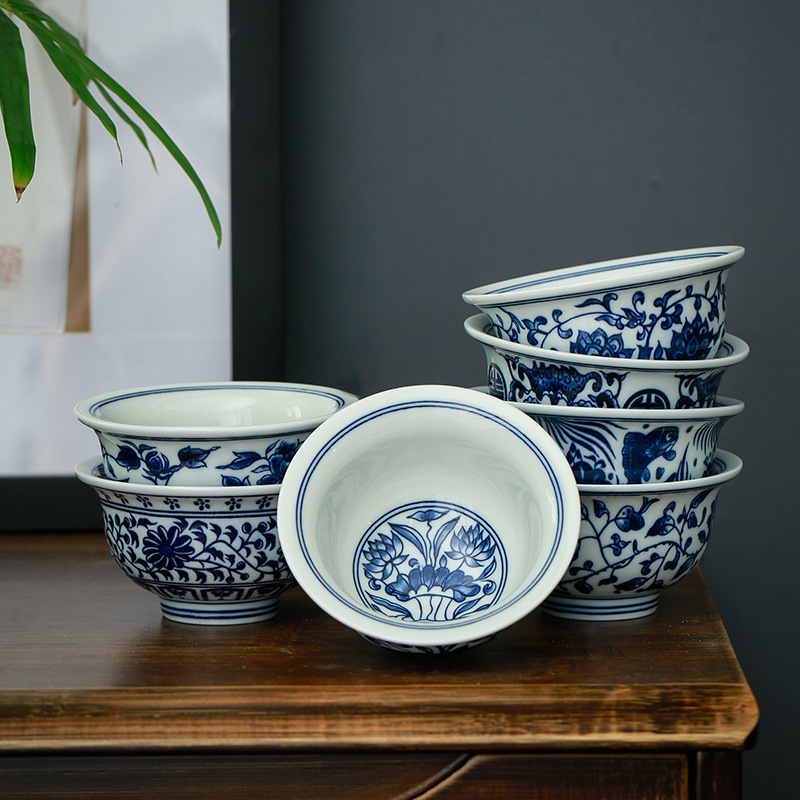 Nguyên bản được khắc lại bằng men màu xanh và trắng, cốc ép hoa sen, cốc chủ gốm, cốc trà dung tích lớn, cốc trà cổ