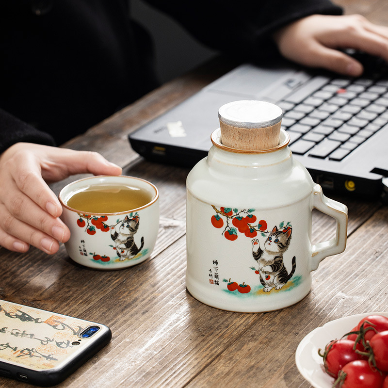 Cốc cốc ấm mèo dễ thương dưới hồng Ru Kiln cốc pha trà cao cấp văn phòng gia dụng có nắp cốc nước sáng tạo