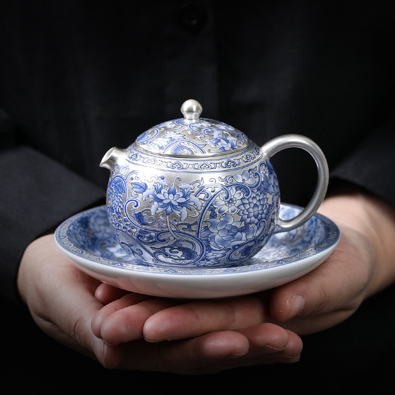 999 sterling bạc, một ấm, một ấm, gốm sứ, hoa văn sứ trắng xanh, quà văn phòng, du lịch xách tay, trà thủy triều năm rồng