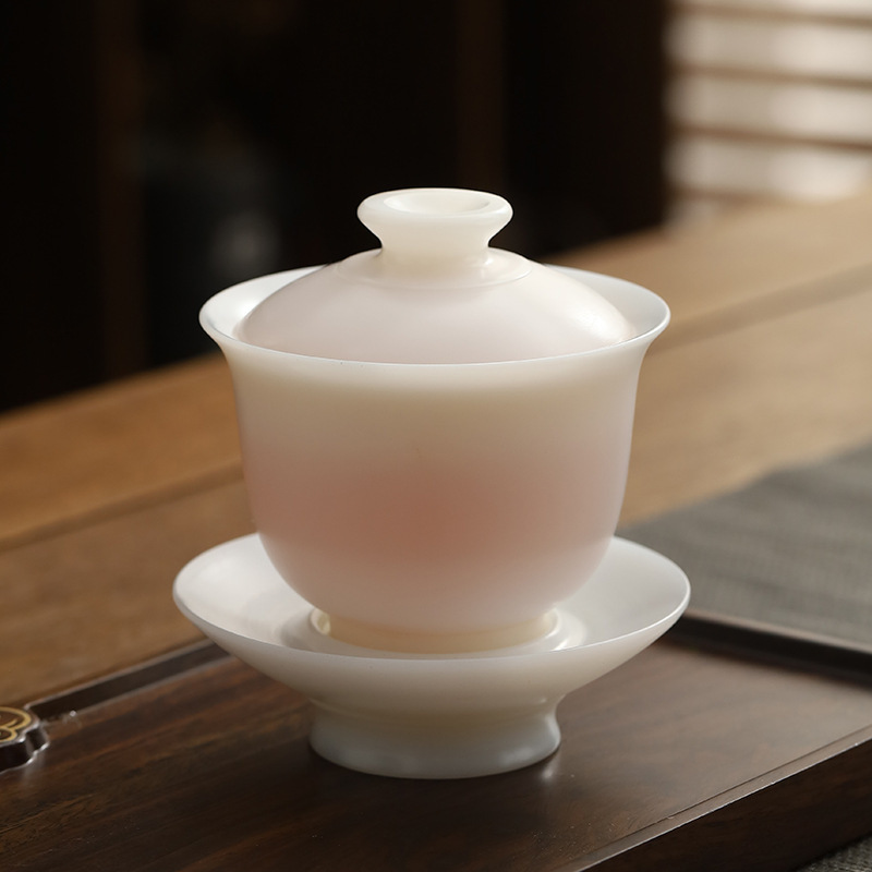 Cô giáo Guo Zhibao loại đá nướng chay mỡ cừu ngọc sứ trắng có nắp, bộ trà Kung Fu gốm sứ, bát pha trà tam tài, cốc trà