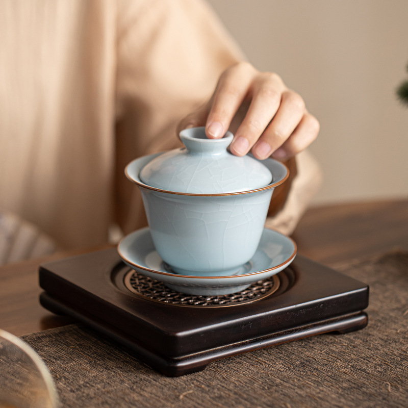 Bộ ấm chén gaiwan ba món Ruyao Kiln, chất liệu gốm sứ gia dụng, cỡ lớn, có men nứt tạo hiệu ứng chỉ vàng.