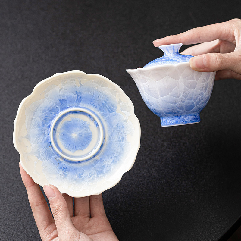 Bát nắp miệng hướng dương xanh tráng men pha lê cốc trà bát pha trà gốm sứ tam tài cao cấp có nắp bộ trà kungfu chống bỏng đơn