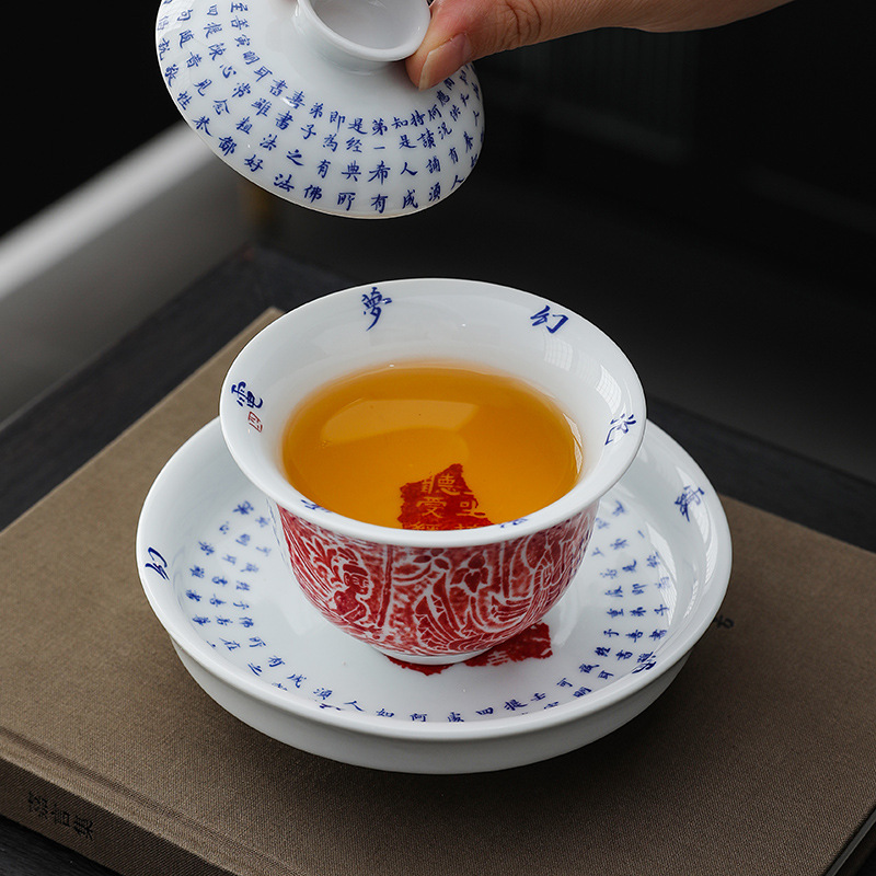 Bát nắp Vạn Phật Kinh Tam tài Pha trà Bát thư pháp Đồ trà Kung Fu gốm cổ điển gia dụng Cốc trà đơn