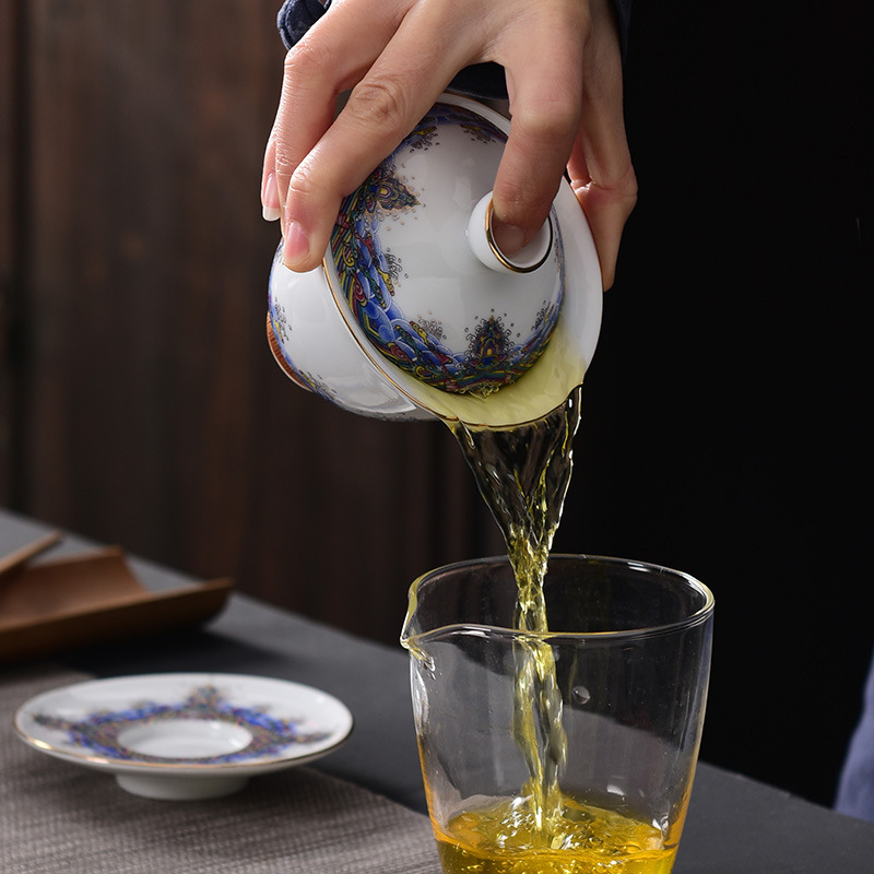 Men sóng biển ba chỉ bát nắp cốc trà gốm sứ bộ trà công phu bát trà gia dụng đơn xưởng bán buôn