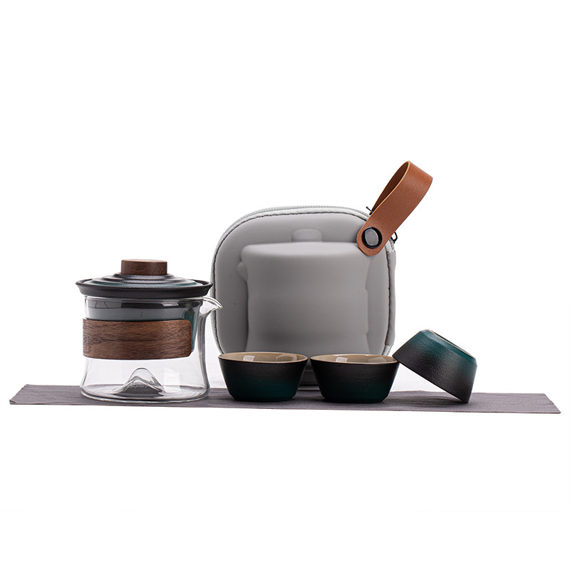 Cốc khách nhanh eo nhỏ cắm trại ngoài trời di động gốm sứ du lịch Kung Fu bộ trà một ấm ba cốc thiết bị pha trà đơn giản