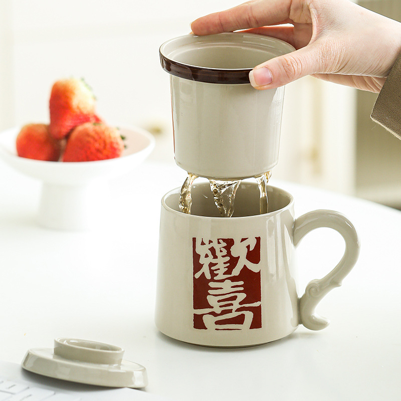 Ly trà gốm sứ có nắp và bộ lọc, ly tách trà nước sáng tạo, quà tặng hộp quà văn phòng nhà cửa