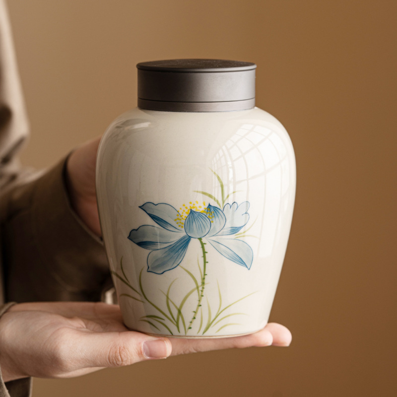 Bình trà hoa sen xanh xám thực vật, bình kín, bình đựng trà gia dụng cao cấp cao cấp, bộ trà kho trà lớn chống ẩm