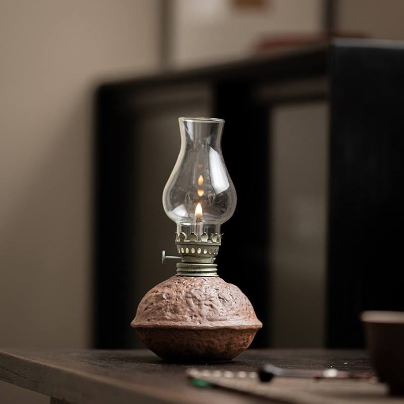 Đèn bơ gốm thô cổ điển phụ kiện bộ trà bùn đá cũ đồ trang trí trang trí để bàn nhà phòng trà đèn ngủ