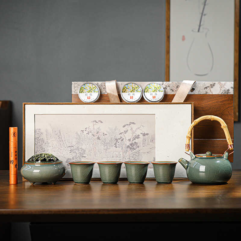 Bộ ấm trà Ruyao màu xanh và trắng, ấm trà có nắp, quà tặng gia dụng, lễ kỷ niệm sự kiện công ty, bán buôn quà lưu niệm