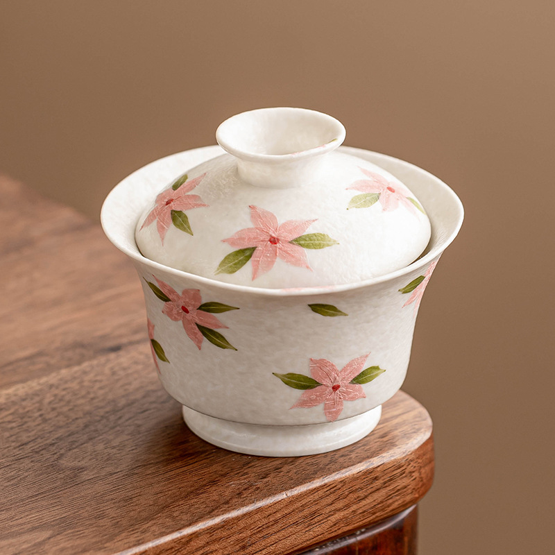 Đá mỏ vẽ tay, hoa anh đào trắng, bát có nắp, cốc trà gốm có nắp, bát pha trà gia dụng đơn, bộ trà Kung Fu cao cấp
