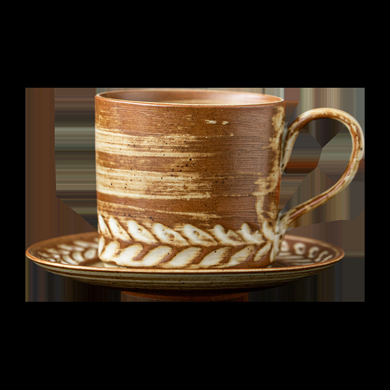 Bộ tách và đĩa cà phê họa tiết lúa mì, cốc cappuccino latte phong cách châu Âu cổ điển gia dụng, cốc kéo cà phê lạ mắt