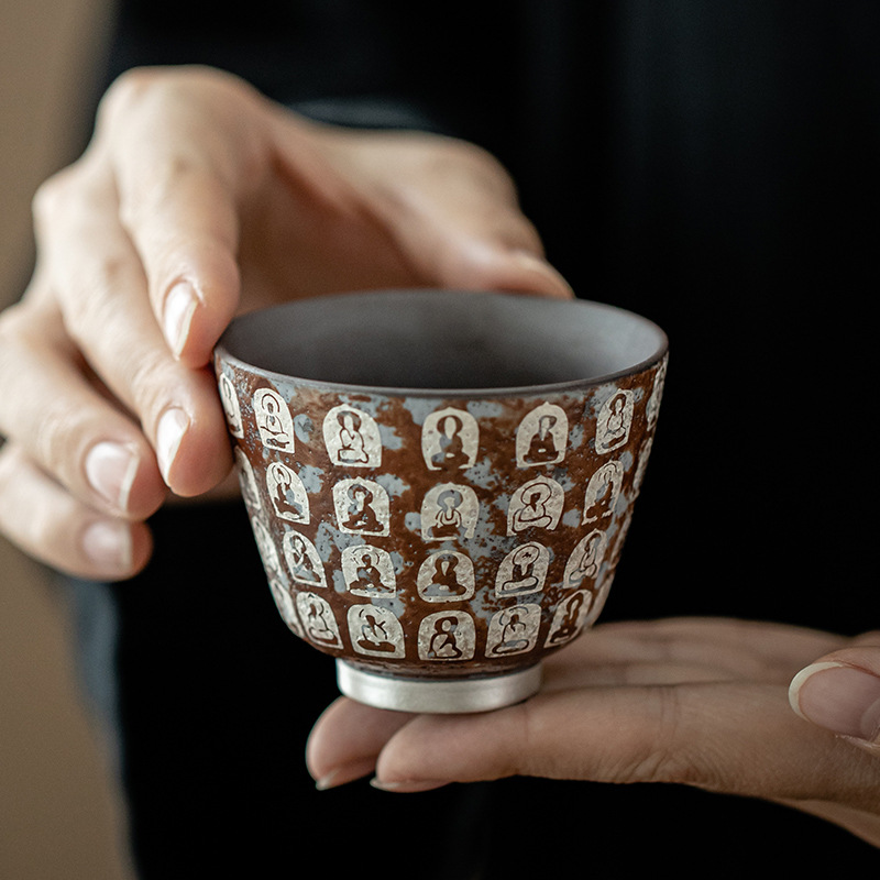 Cốc trà gốm sứ cổ điển Cốc trầm hương mạ bạc Đôn Hoàng Vạn Phật Cốc chủ nhân Cốc trà đơn Cốc trà nhỏ cổ điển