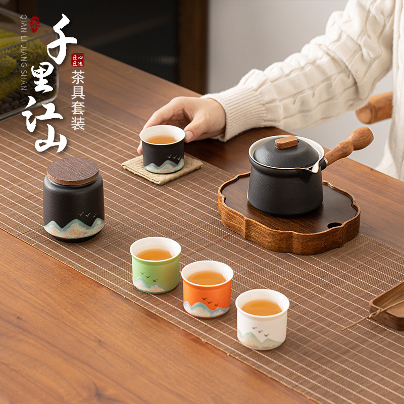 Bộ ấm trà quốc gia phong cách thủy triều vẽ tay Bộ ấm trà tay cầm bên gia dụng đơn giản trọn Bộ hộp quà Bộ ấm trà Kung Fu