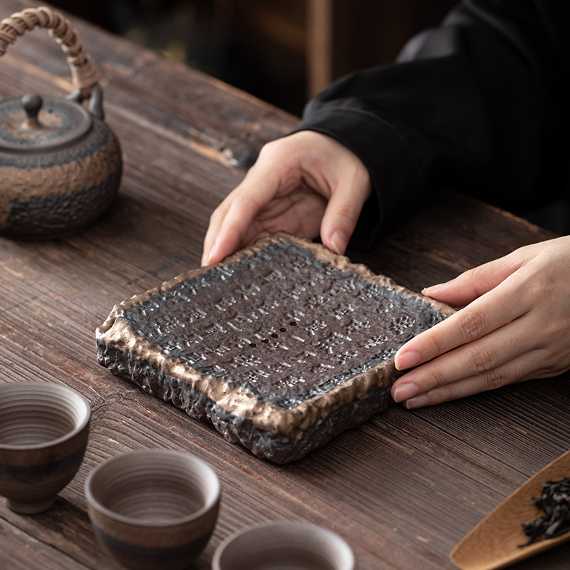 Bình kinh tim, bình gốm thô nhỏ tráng men mạ vàng kiểu Nhật, bình bọt khô, bình đệm, bình nâng, khay trà