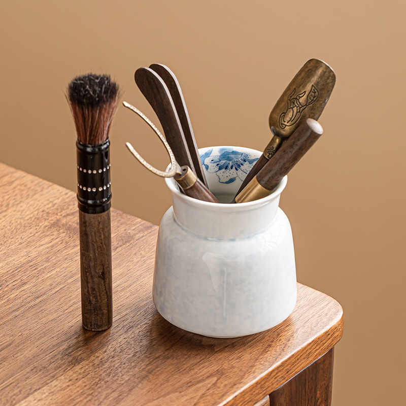 Trà đạo sáu quý ông vẽ tay rắc màu xanh hoa huệ thùng trà thìa trà thìa trà kẹp trà phụ kiện trà đạo ống đựng bút