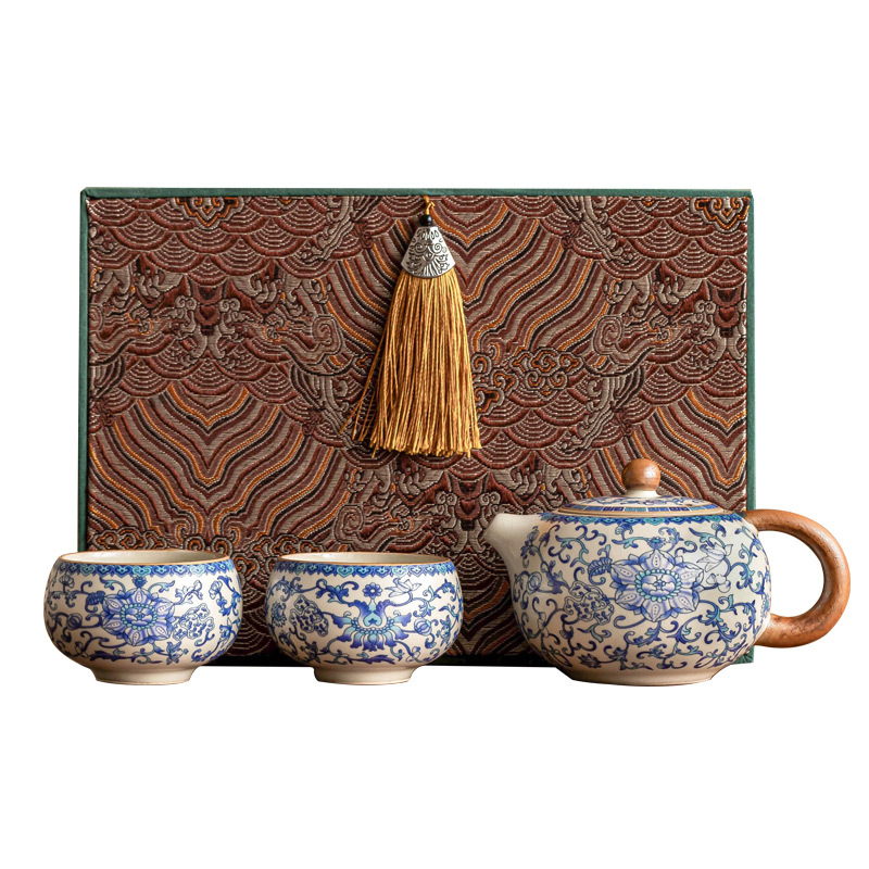 Bộ ấm trà sang trọng nhẹ Ruyao hộp quà tặng ấm trà hoa sen xanh trắng