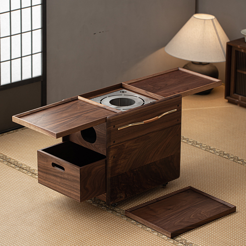 Phong cách Trung Quốc mới Bắc Mỹ gỗ óc chó nướng than quanh bếp nấu trà bàn trà phòng trà tatami gia dụng tủ lưu trữ bàn trà bát lửa