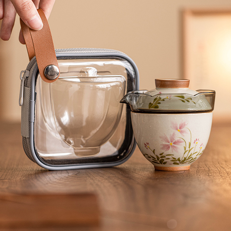 Vẽ tay hoa cúc nhỏ cốc khách nhanh gốm sứ ngoài trời một bình Hai cốc Bộ trà du lịch ấm trà Di động Túi du lịch