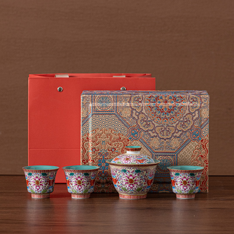 Hoa nở Cảnh Đức Trấn Men Ấm Trà Bộ Trà Gốm Cao Cấp Ánh Sáng Sang Trọng Ấm Trà Hộp Quà Tặng