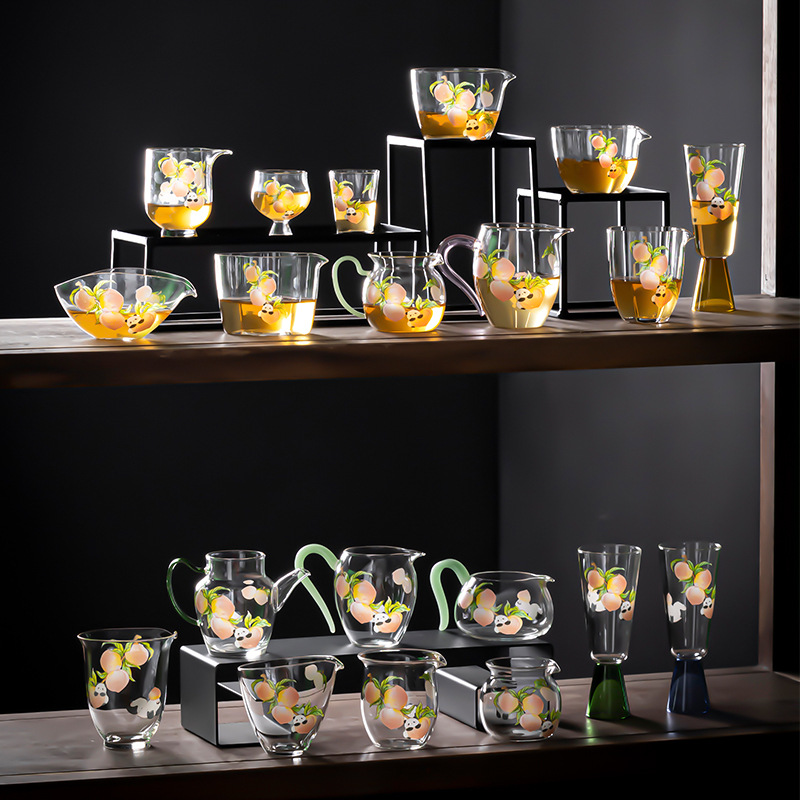 Bộ ấm trà thủy tinh trong suốt dụng cụ pha trà phục vụ khách văn phòng phòng phòng khách gia đình cốc trà Kung Fu ấm trà nắp bát trà đạo