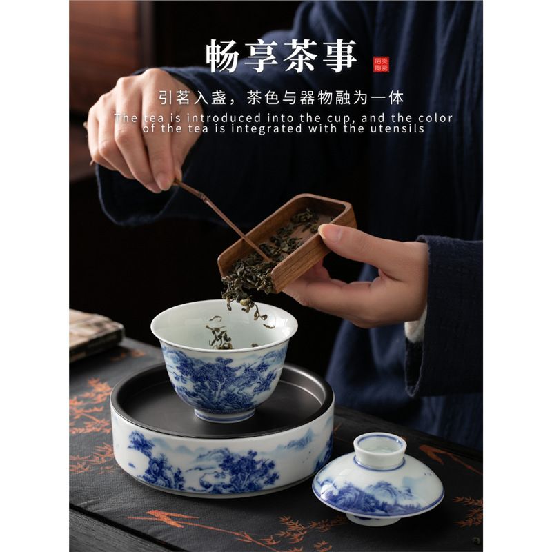 Bát có nắp sứ trắng xanh Jingdezhen Bát có nắp pha trà đơn cao cấp Bộ trà cốc pha trà Bát có nắp ba không nóng tay