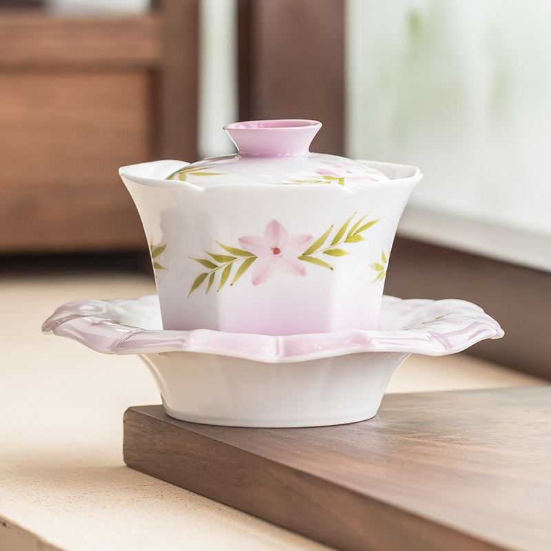 Vẽ tay gradient tím ba tài có nắp đậy bát pha trà gốm sứ Dream Lock Yan Bộ trà Kung Fu cao cấp có nắp ấm một tay