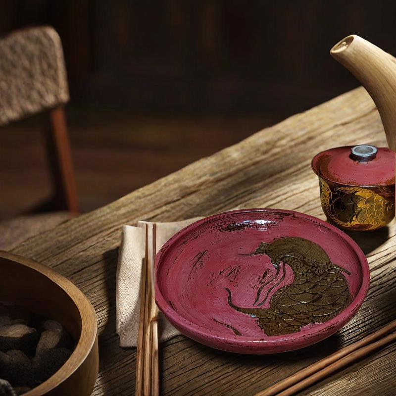 Bát có nắp, bát pha trà gốm thô kiểu Nhật thủ công, bộ trà gia dụng sáng tạo, cốc có nắp, cá rồng vàng, trà màu đỏ rượu