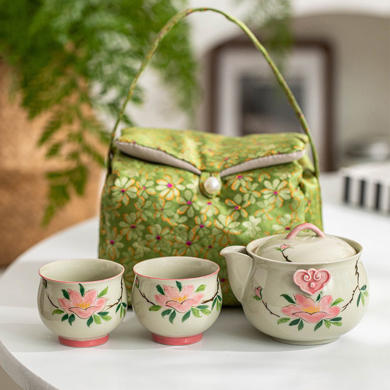 Bộ trà Kung Fu hoa trà vẽ tay túi đựng đồ du lịch ngoài trời cốc khách nhanh tay một bình hai cốc trà gốm sứ ấm trà