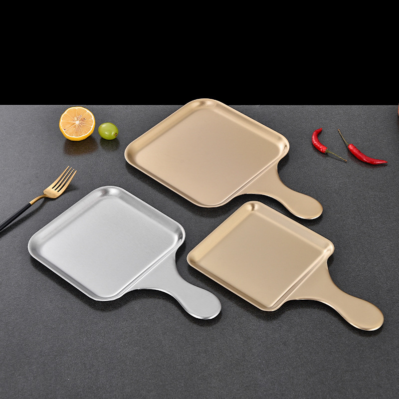 Đĩa vuông Inox 304 có tay cầm đựng bít tết - gà rán - topping lẩu, decor cho nhà hàng PBCP33V