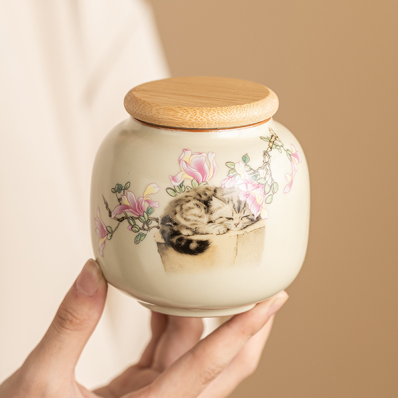 Bình trà sứ Ru kiểu Trung Quốc, bình trà nhỏ cao cấp, bình đựng trà chống ẩm kín, bình rỗng, hộp quà đơn