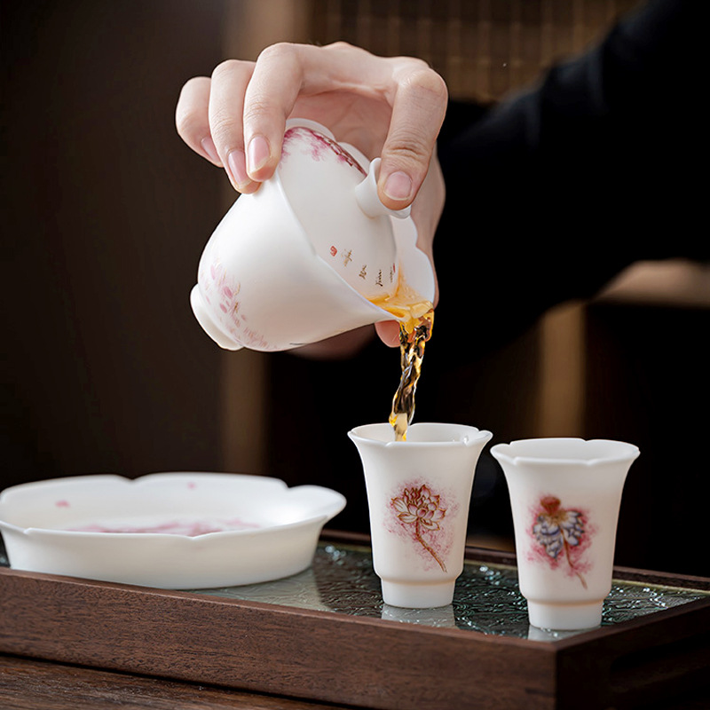 Bộ tách trà cốc trà có nắp sang trọng nhẹ bằng sứ ngọc bích chay cao cấp cốc trà di động Bộ trà Kung Fu du lịch ngoài trời