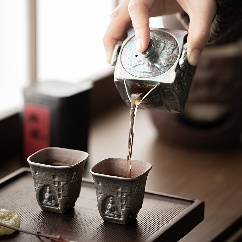 Bình báu vật hang động vuông mạ bạc sáng tạo gốm sứ cổ điển pha trà đơn tách trà chủ nhân cốc trà hộp quà