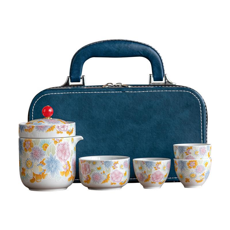 Đồ gốm Vạn Hoa tráng men cổ Cốc khách nhanh Ấm pha trà Bộ trà du lịch ngoài trời di động Bộ một ấm bốn cốc
