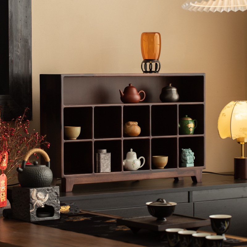 Máy tính để bàn bằng gỗ nguyên khối kiểu Trung Quốc, hộp đựng đồ đựng cốc trà, giá đựng trà Bogu, tủ trưng bày gỗ óc chó đen treo tường