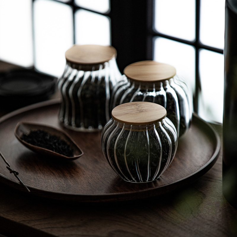 Bán buôn Hộp đựng trà thủy tinh hoa văn dọc, hộp đựng thủy tinh kín nắp tre, hộp đựng hạt cà phê cầm tay mini Cỡ Nhỏ