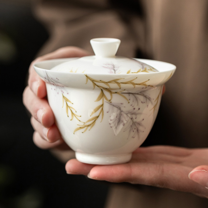 Cốc trà nắp gốm sứ cốc trà vẽ tay hoa tử đằng gấp mép bát pha trà bộ trà cao cấp cỡ lớn gia dụng dụng cụ pha trà Kung Fu