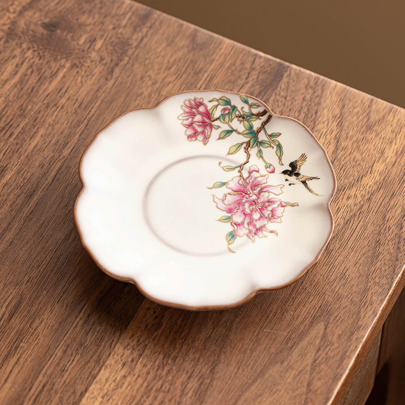 Lót cốc miệng hoa Ru Lò, thạch mỡ lợn, hoa mẫu đơn, tấm cách nhiệt chống trượt, cốc trà sứ Ru tinh tế, phụ kiện trà đạo, tấm trà