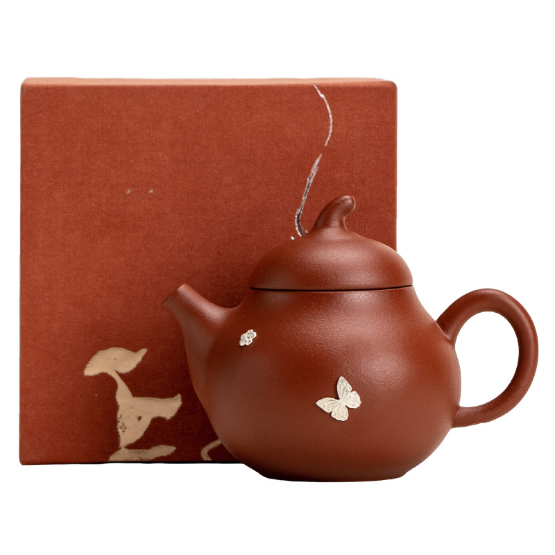 Ấm trà bầu đất sét màu tím tráng men bạc, ấm trà lọc nhỏ sáng tạo theo phong cách retro, hộp quà tặng một nồi dành cho các nhà lãnh đạo và người lớn tuổi.